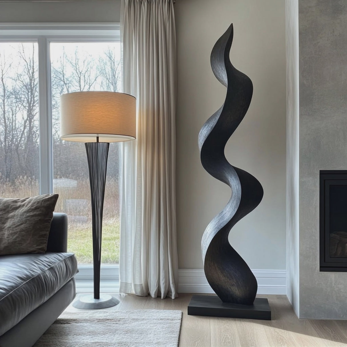 Solid Wood Curved Flow Sculpture for Contemporary Interior Spaces