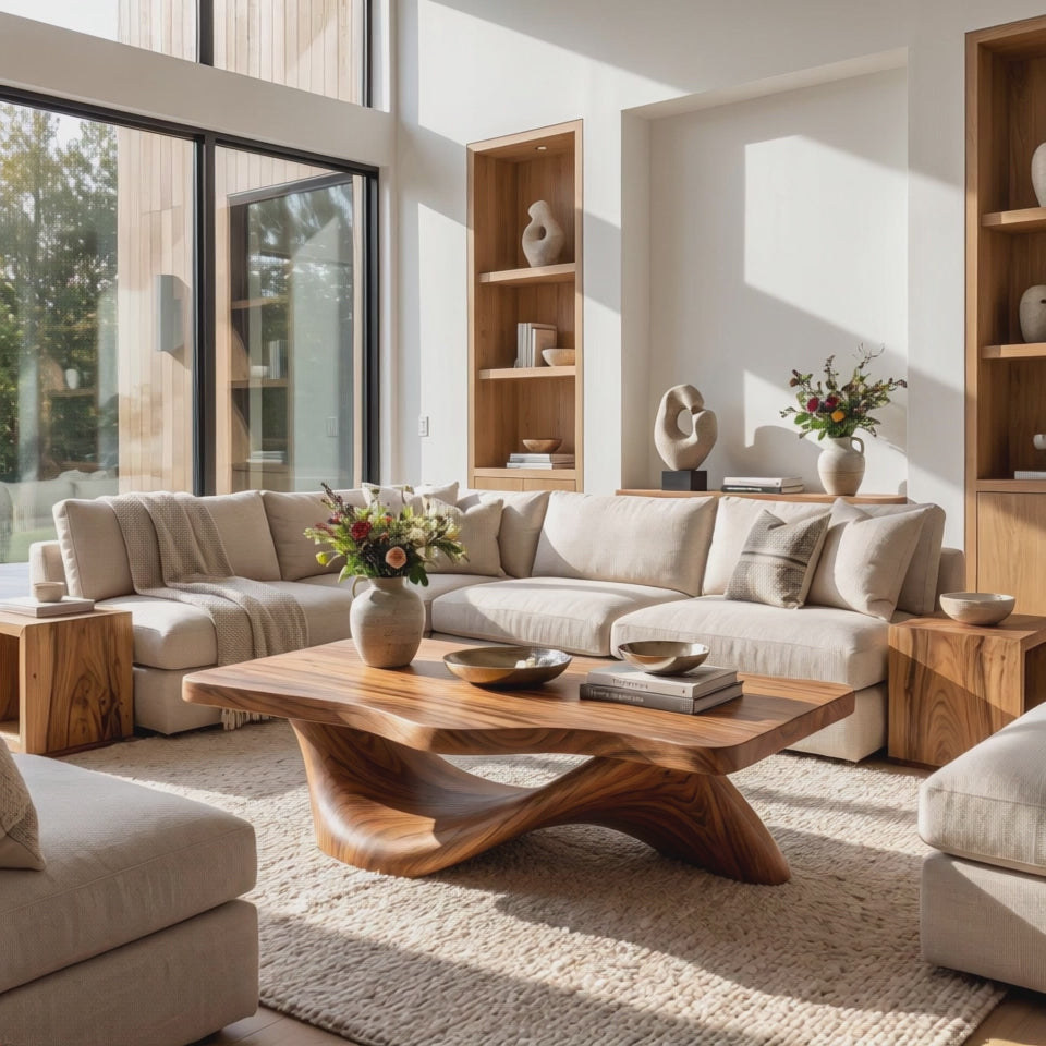 Coffee Table Solid Wood with Sculptural Open Arch Base for Living Room