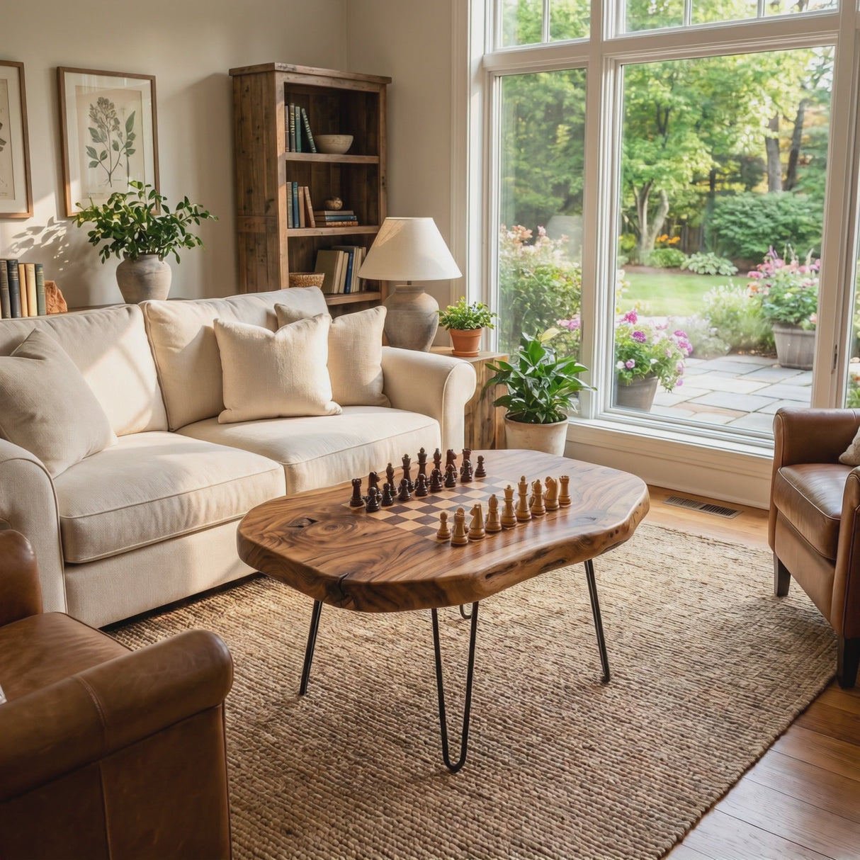 Live Edge Solid Wood Chess Coffee Table with Built In Game Board