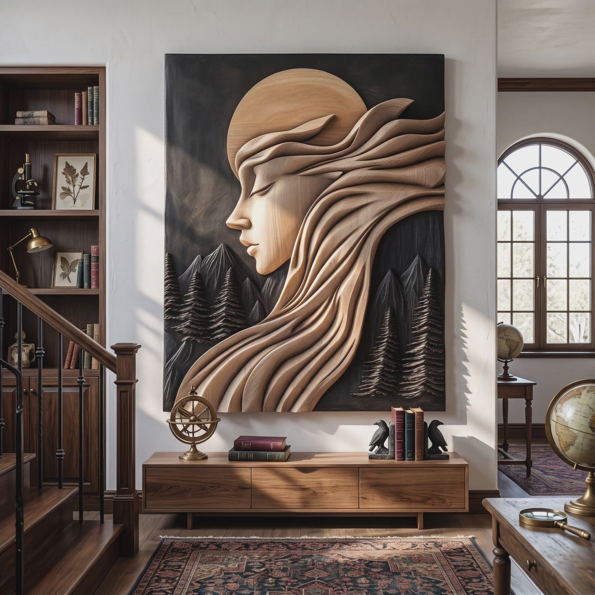 Moonlit Reverie Solid Wood Wall Art with Flowing Hair and Forest Landscape