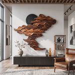 Wall Sculpture Solid Wood with Layered Flowing Wave Design and Black Sun Accent