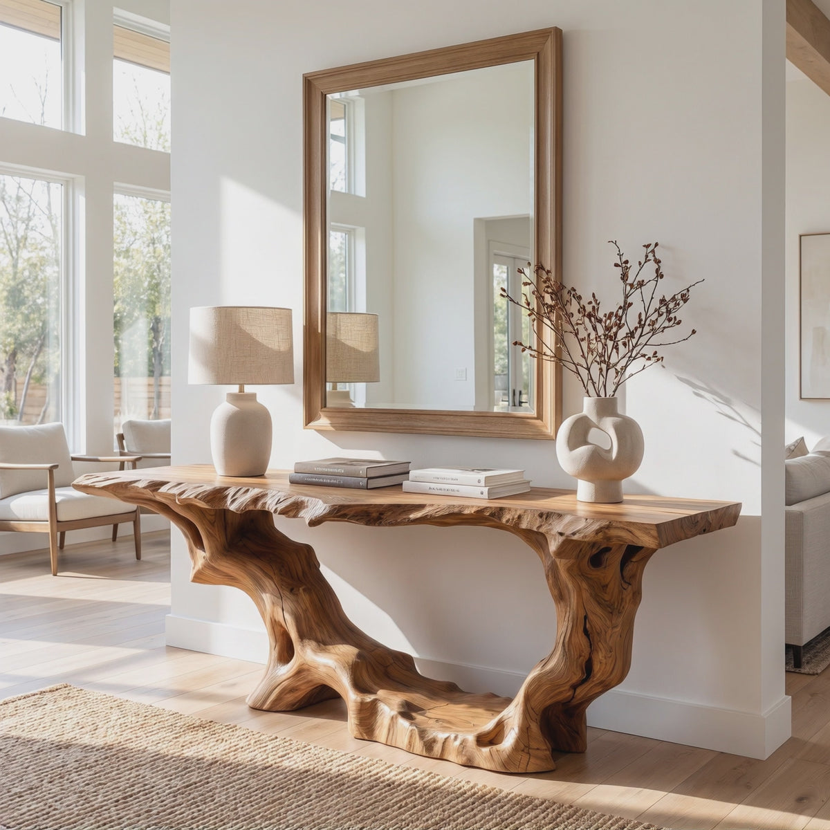 Console Table Solid Wood with Sculptural Organic Arch Base