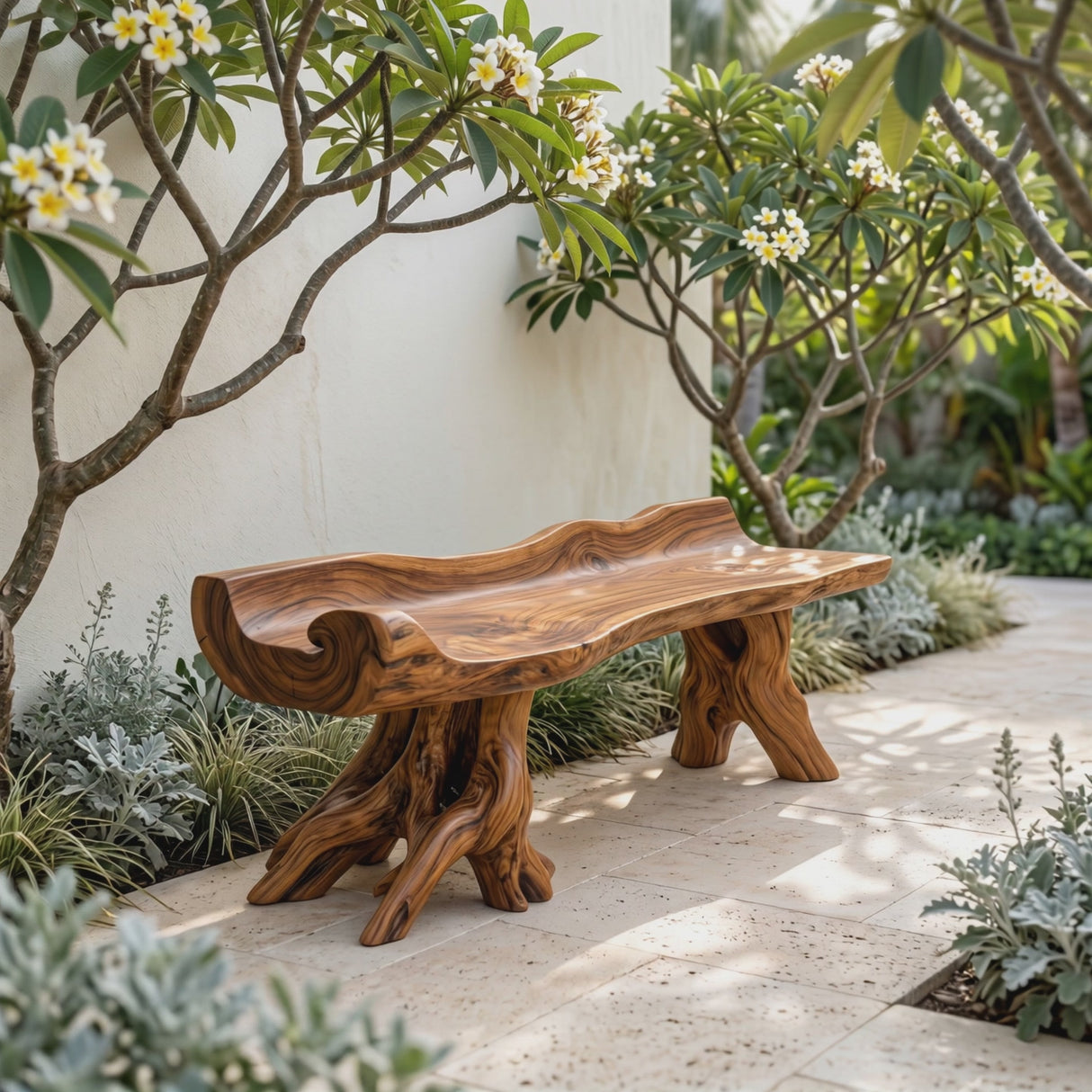 Solid Wood Garden Bench with Scroll Wave Seat for Outdoor Seating