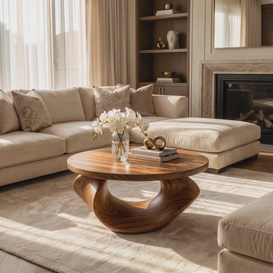 Coffee Table Solid Wood with Sculptural Open Loop Base