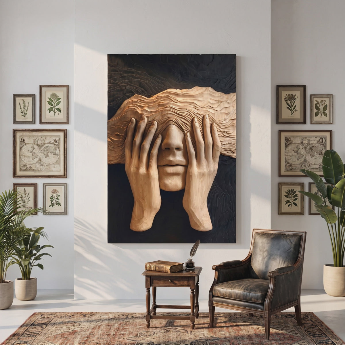 Handcrafted Solid Wood Face Wall Sculpture with Layered Wave Blindfold and Sculpted Hands