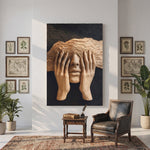 Handcrafted Solid Wood Face Wall Sculpture with Layered Wave Blindfold and Sculpted Hands