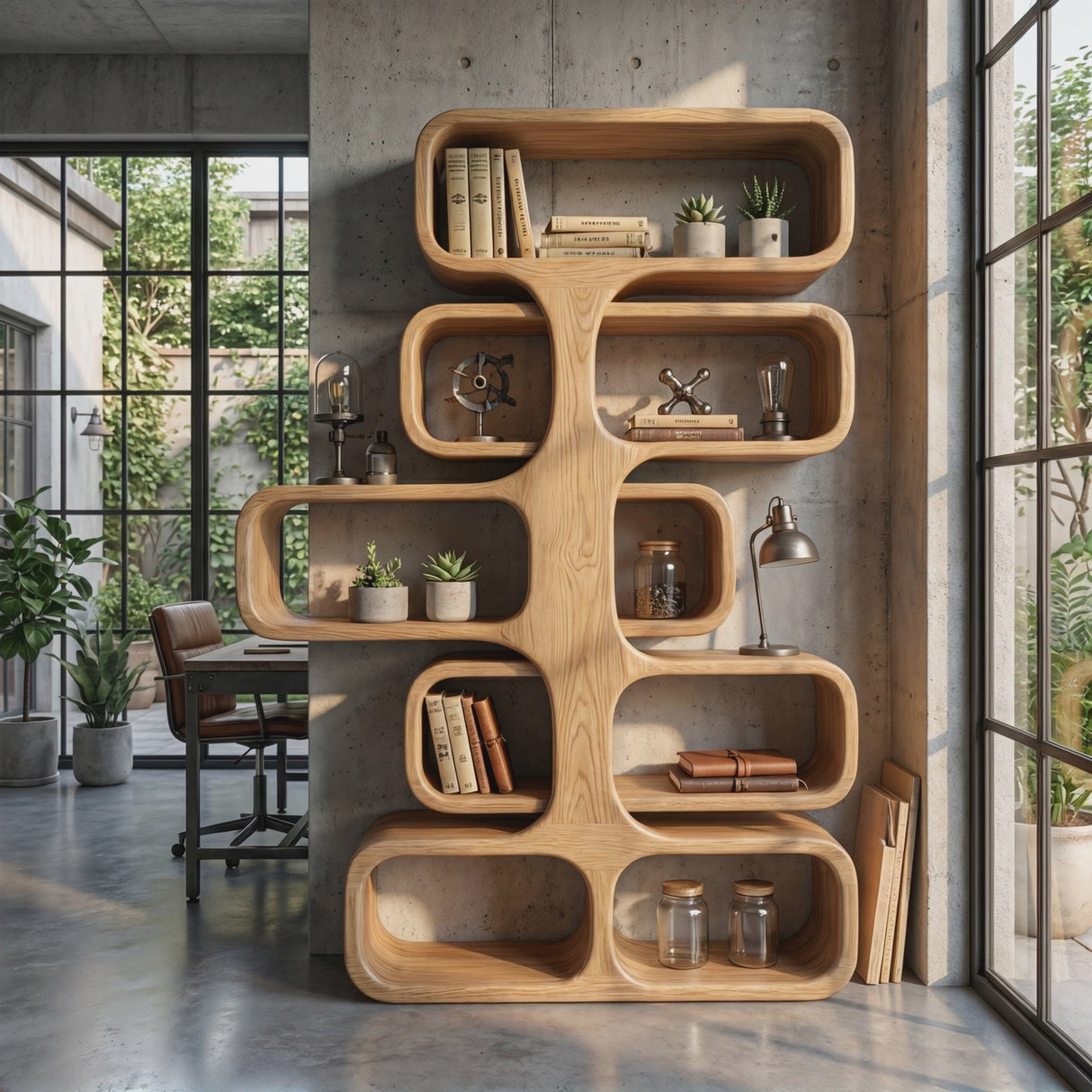 Organic Solid Wood Tree Bookshelf with Sculptural Open Shelves