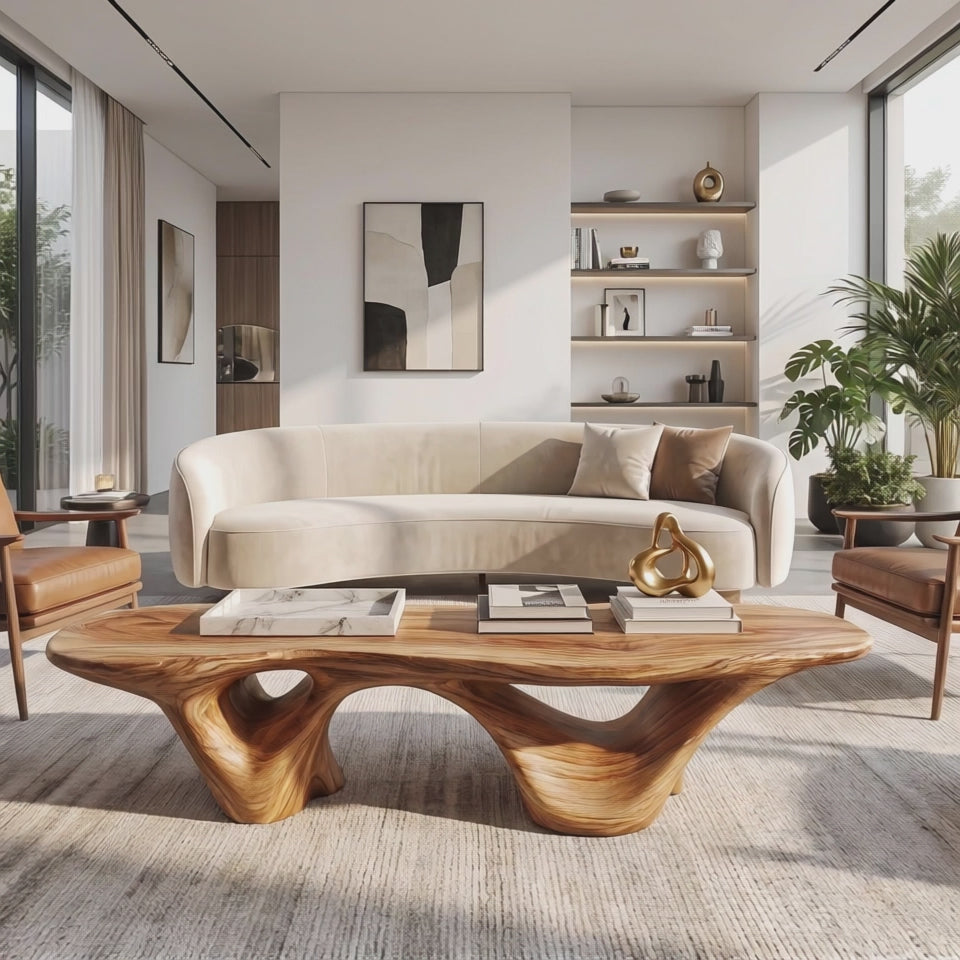Coffee Table Solid Wood with Triple Hollow Sculptural Base for Living Room