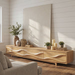 Solid Wood TV Console with Flowing Wave Carved Doors