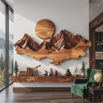 Wall Sculpture Solid Wood with Layered Mountain Landscape and Rising Sun Design
