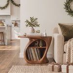 Organic Solid Wood Side Table with Open Shelf and Vinyl Record Storage