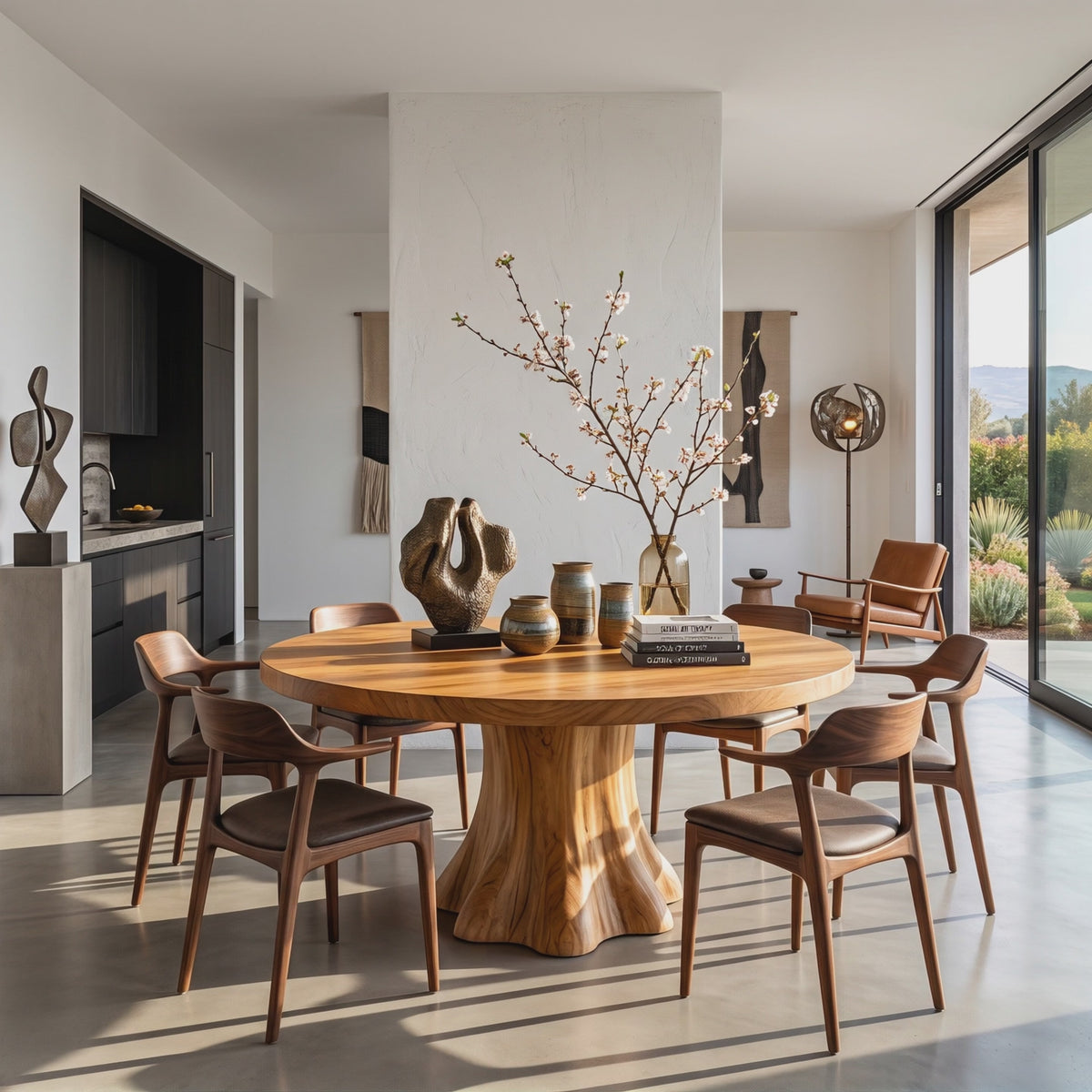 Dining Table with Flared Pedestal Base and Round Solid Wood Top