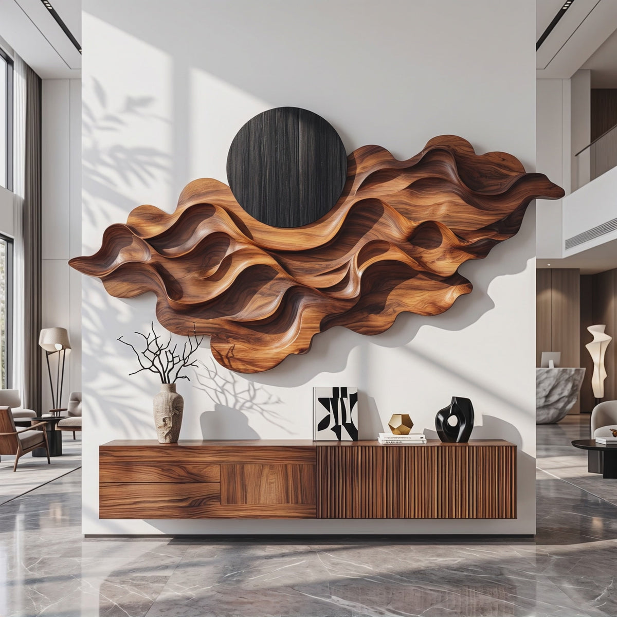 Wall Sculpture Solid Wood with Layered Flowing Waves and Black Sun Design