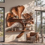 Solid Wood Ginkgo Leaf Wall Shelf Sculpture for Living Room Decor