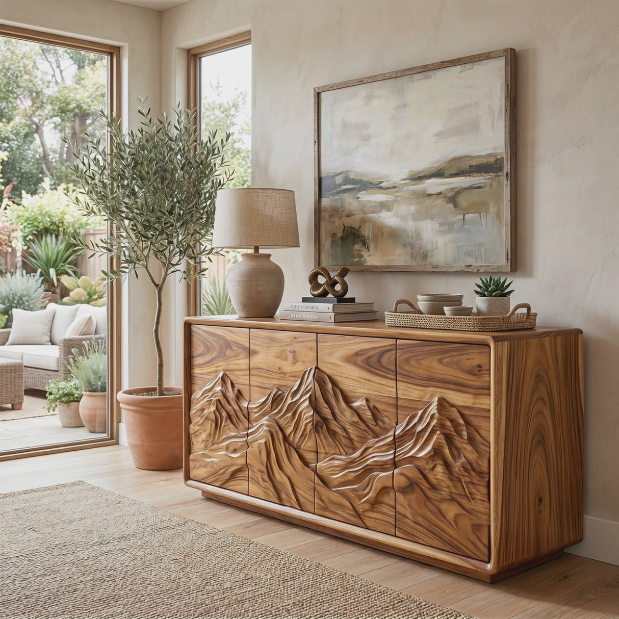Natural Solid Wood Sideboard with Carved Mountain Landscape