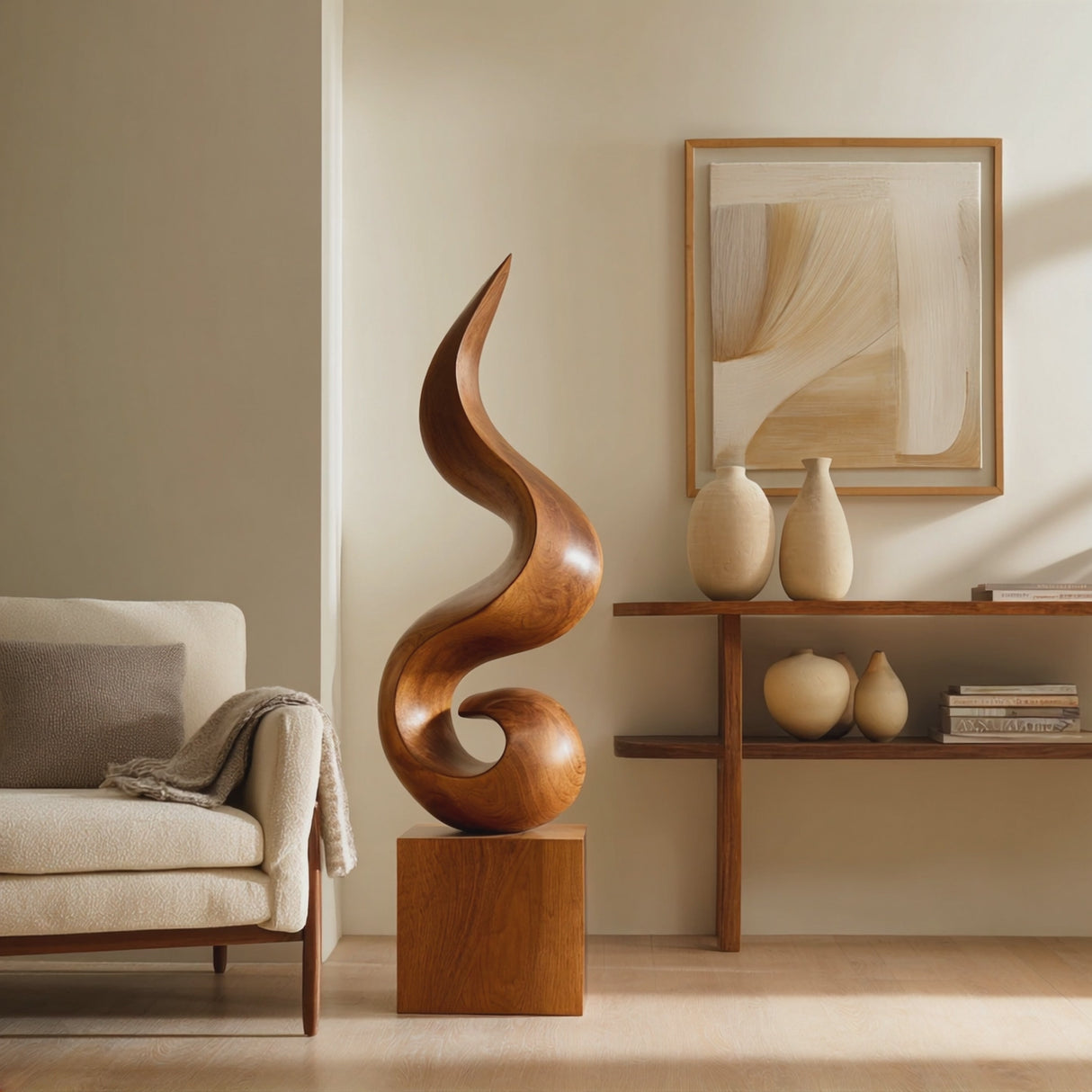 Contemporary Organic Solid Wood Sculpture for Living Room and Interior Decor