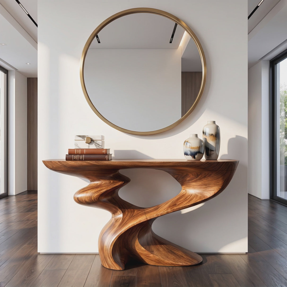 Console Table Solid Wood with Sculptural Spiral Curve Base