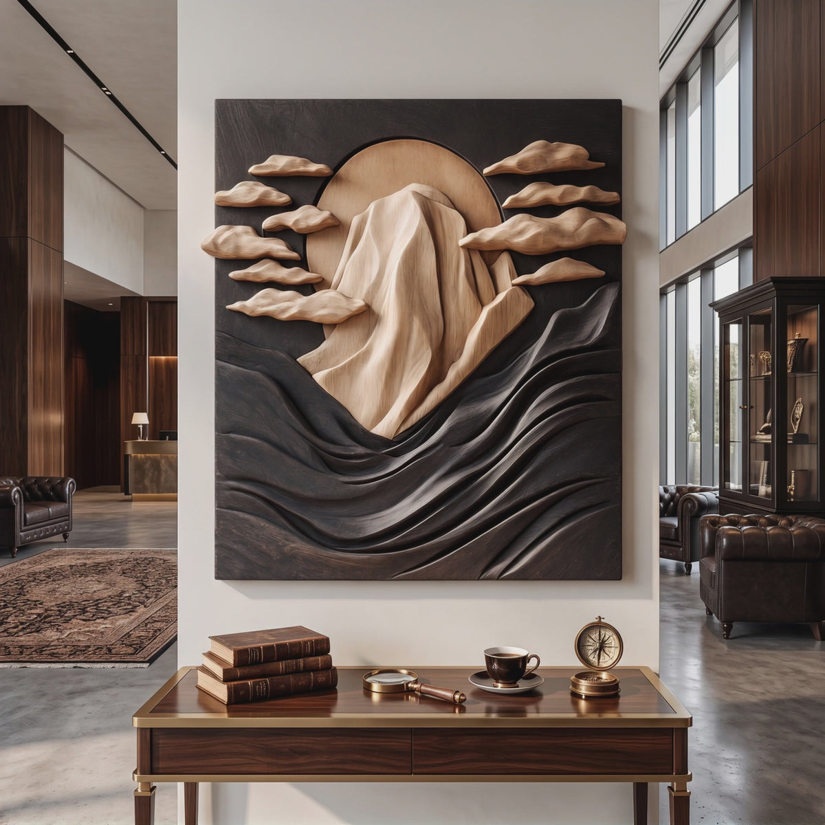 Wall Sculpture Solid Wood with Mountain Peak, Rising Sun and Flowing Wave Relief
