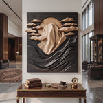 Wall Sculpture Solid Wood with Mountain Peak, Rising Sun and Flowing Wave Relief