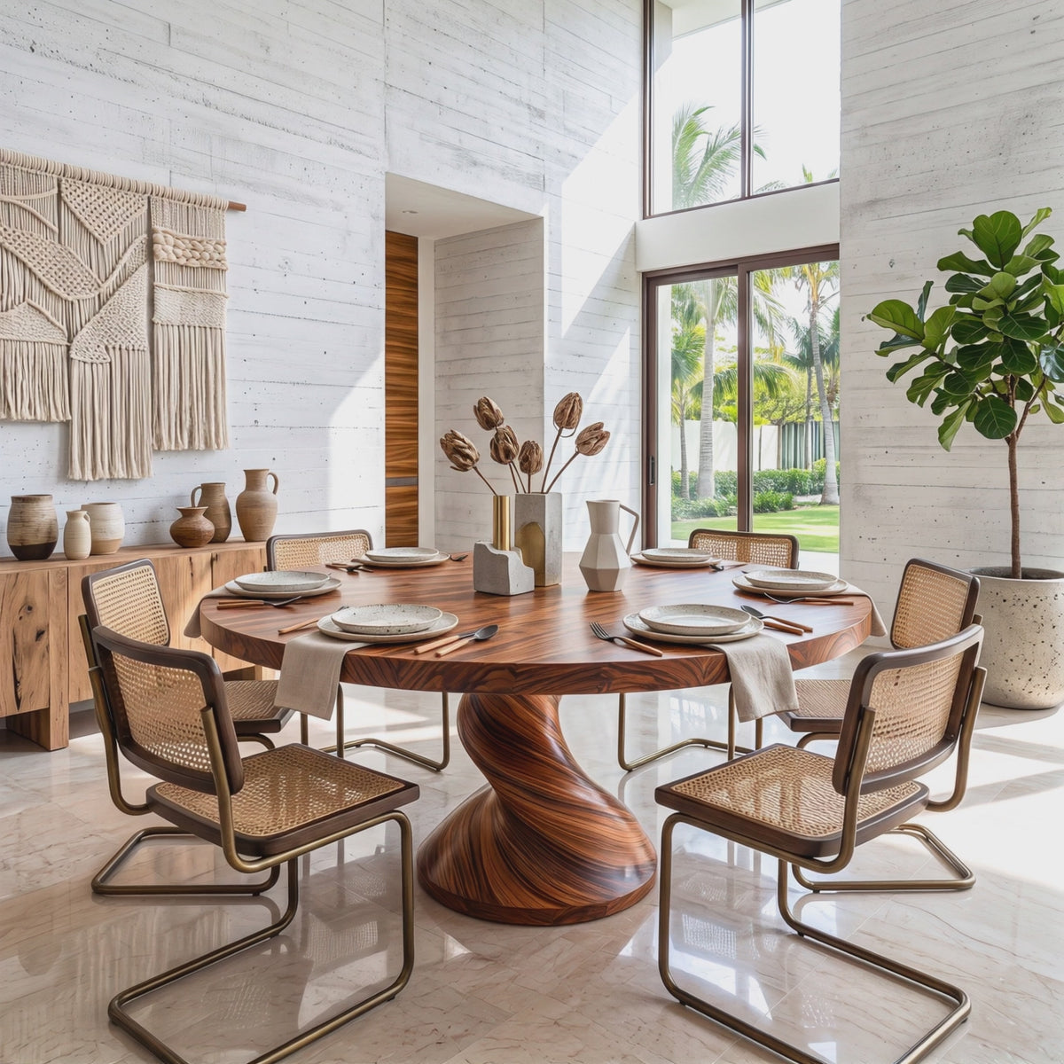 Dining Table with Twisted Pedestal Base and Round Solid Wood Top