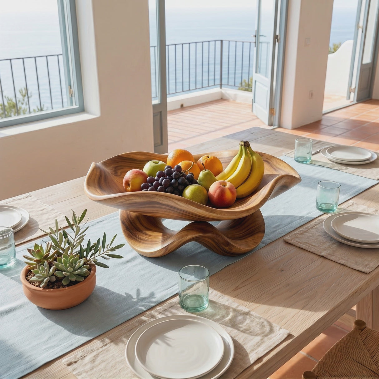 Solid Wood Ripple Fruit Bowl with Sculptural Wave Base and Flowing Rim
