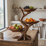 Solid Wood Three Tier Fruit Bowl Stand with Sculptural Branch Design