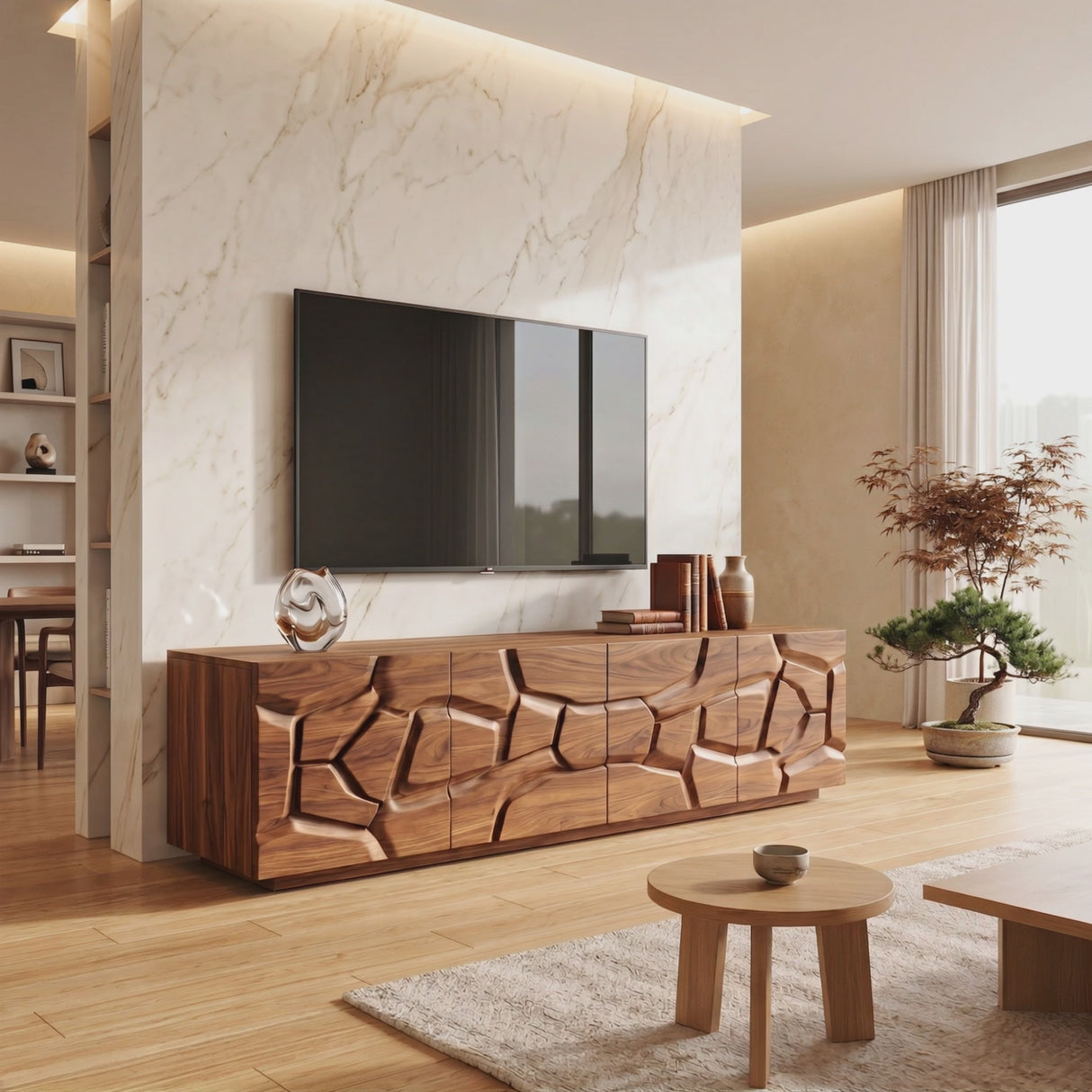 Solid Wood TV Console with Geometric Carved Door Fronts