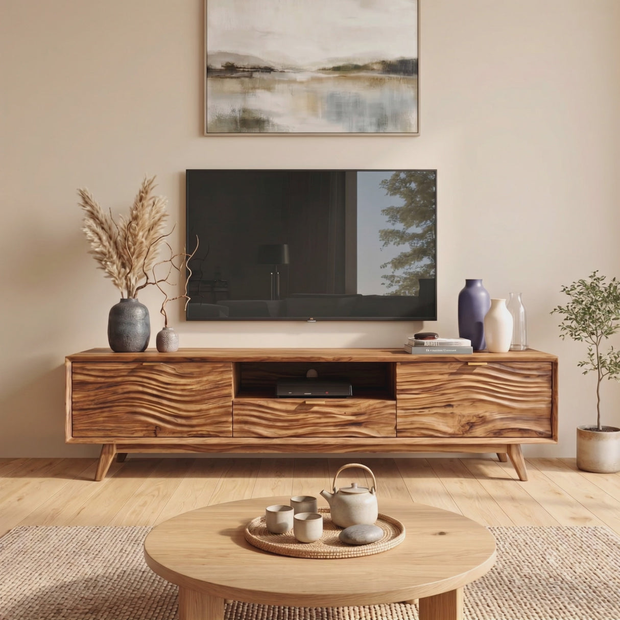 Solid Wood TV Stand with Wave Carved Doors and Mid-Century Legs