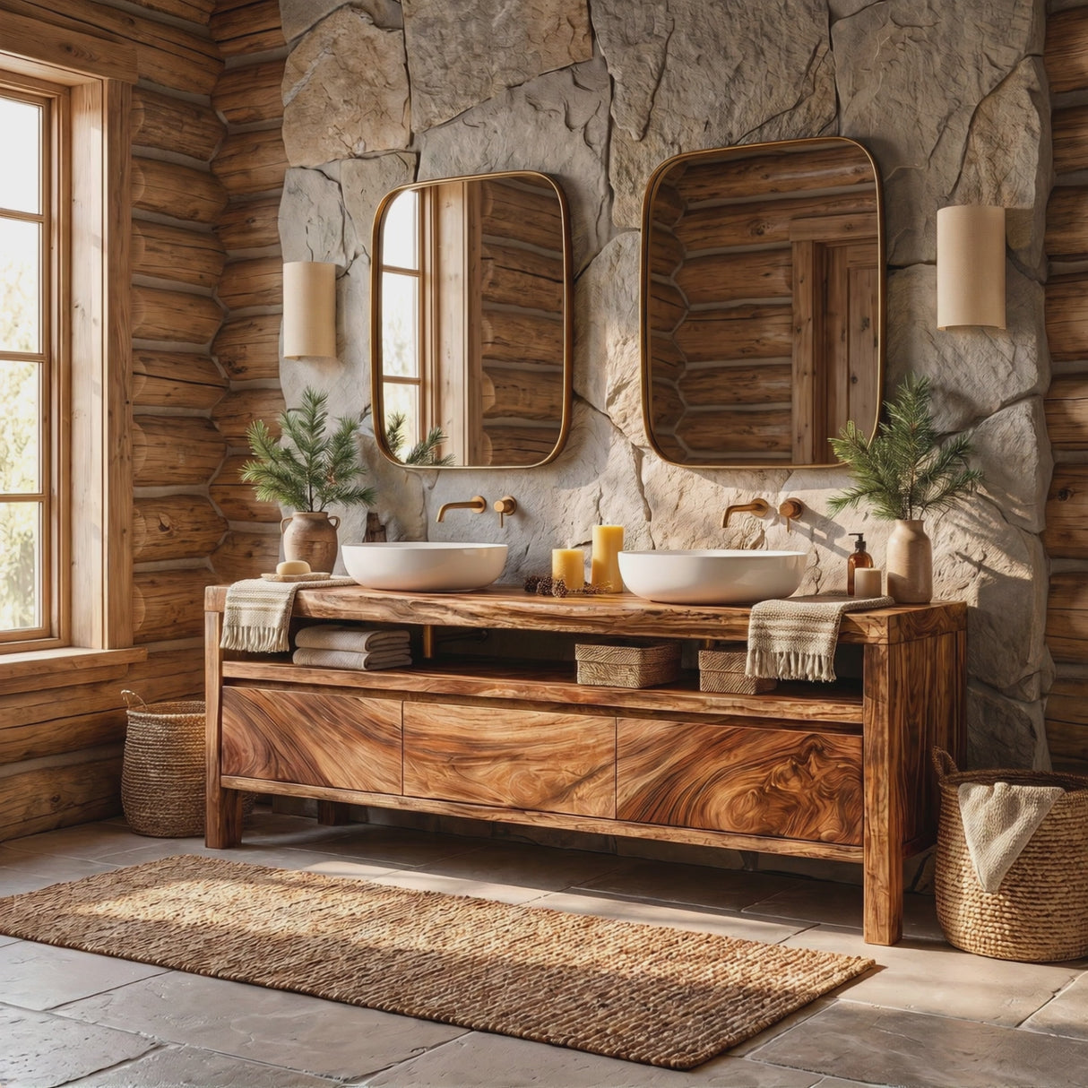 Bathroom Vanity Solid Wood with Double Sink and Open Shelf Storage for Lodge Bathroom