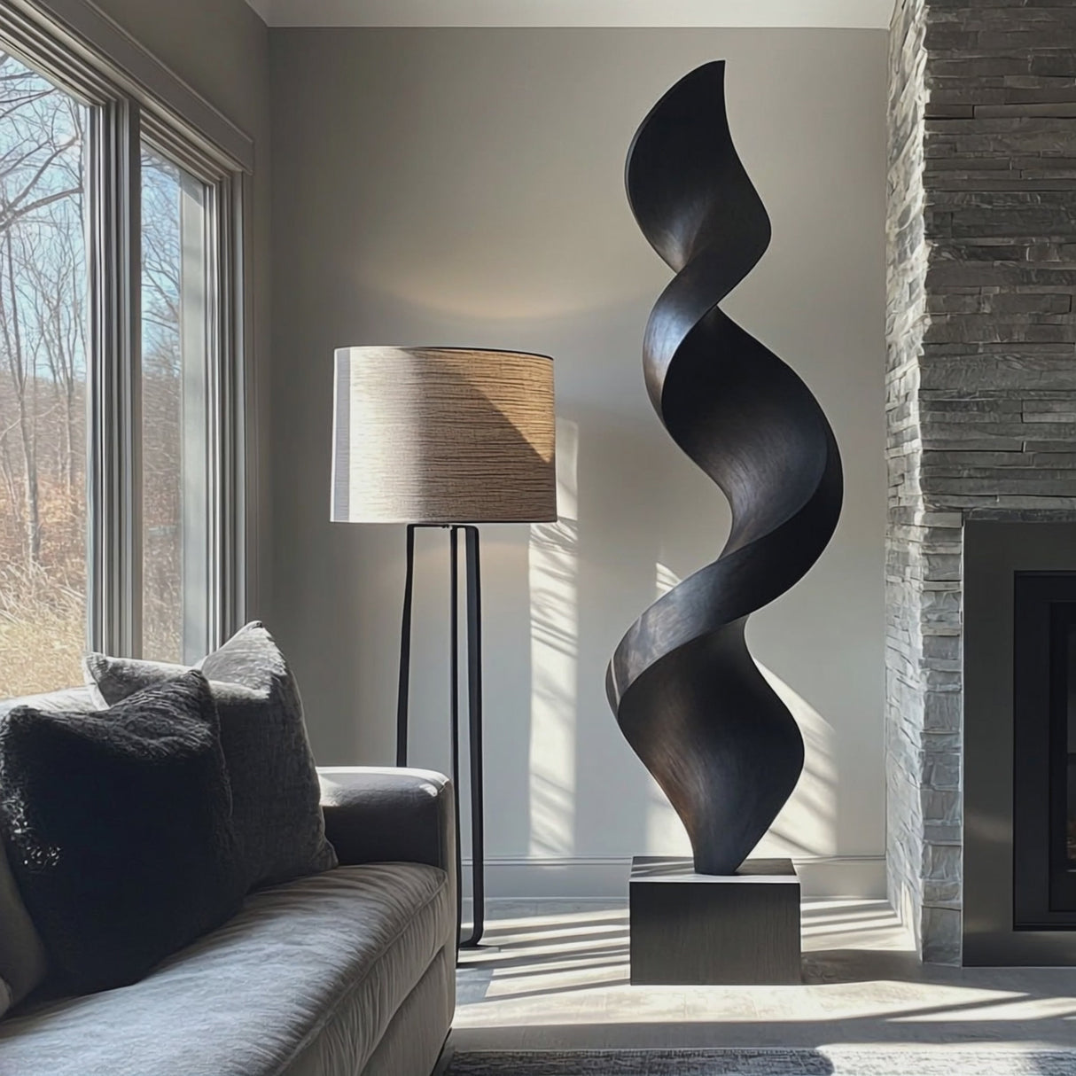 Tall Spiral Solid Wood Floor Sculpture with Plinth for Modern Living Rooms and Contemporary Interiors