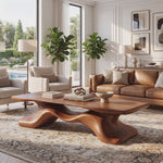 Coffee Table Solid Wood with Sculptural Flowing Bridge Base