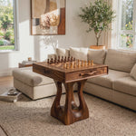 Handcrafted Solid Wood Chess Table with Drawer and Carved Pedestal Base