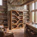 Sculptural Solid Wood Wine Display Cabinet with Flowing Bottle Shelves