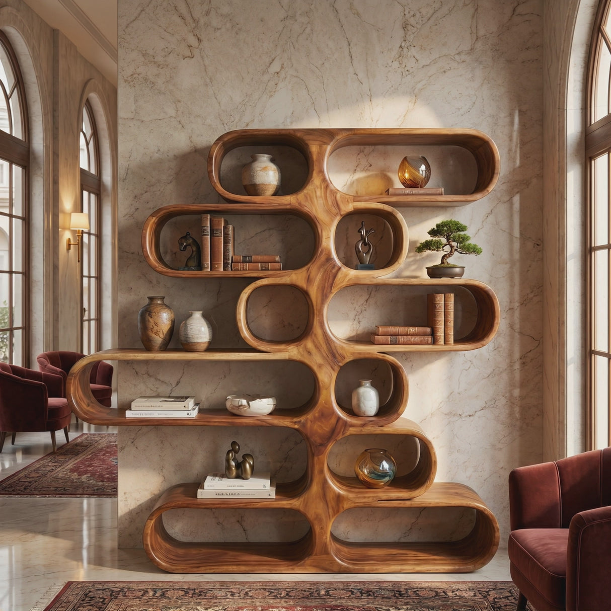 Handcrafted Solid Wood Organic Bookshelf with Rounded Open Display Shelves