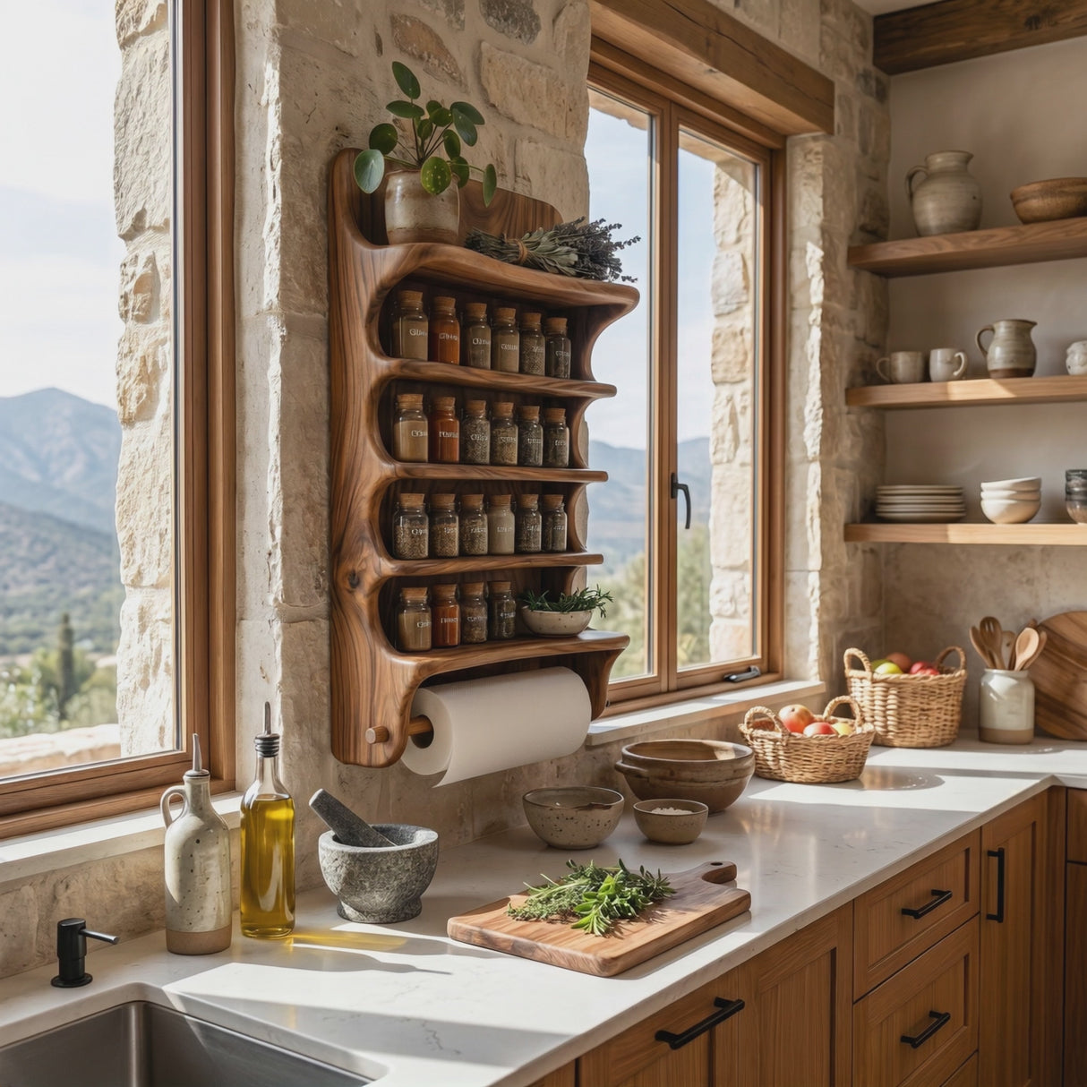 Solid Wood Wall Mounted Spice Organizer with Curved Shelves and Paper Towel Bar