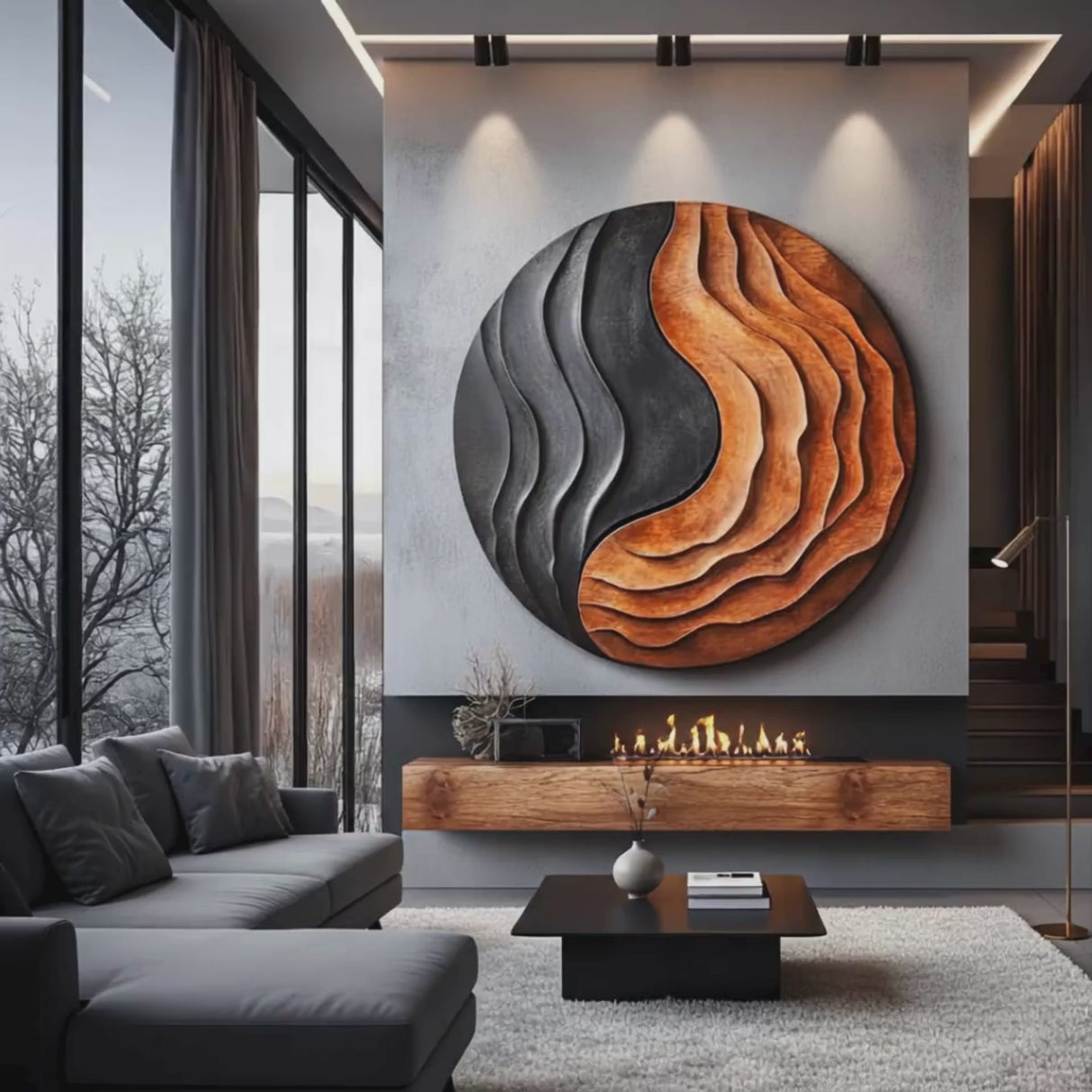 Solid Wood Wall Art with Flowing Contour Relief