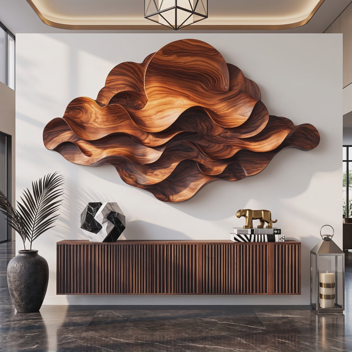 Wall Sculpture Solid Wood with Layered Flowing Waves and Rising Sun Design