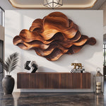 Wall Sculpture Solid Wood with Layered Flowing Waves and Rising Sun Design