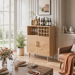Solid Wood Wine Cabinet with Bottle Grid and Carved Storage Doors