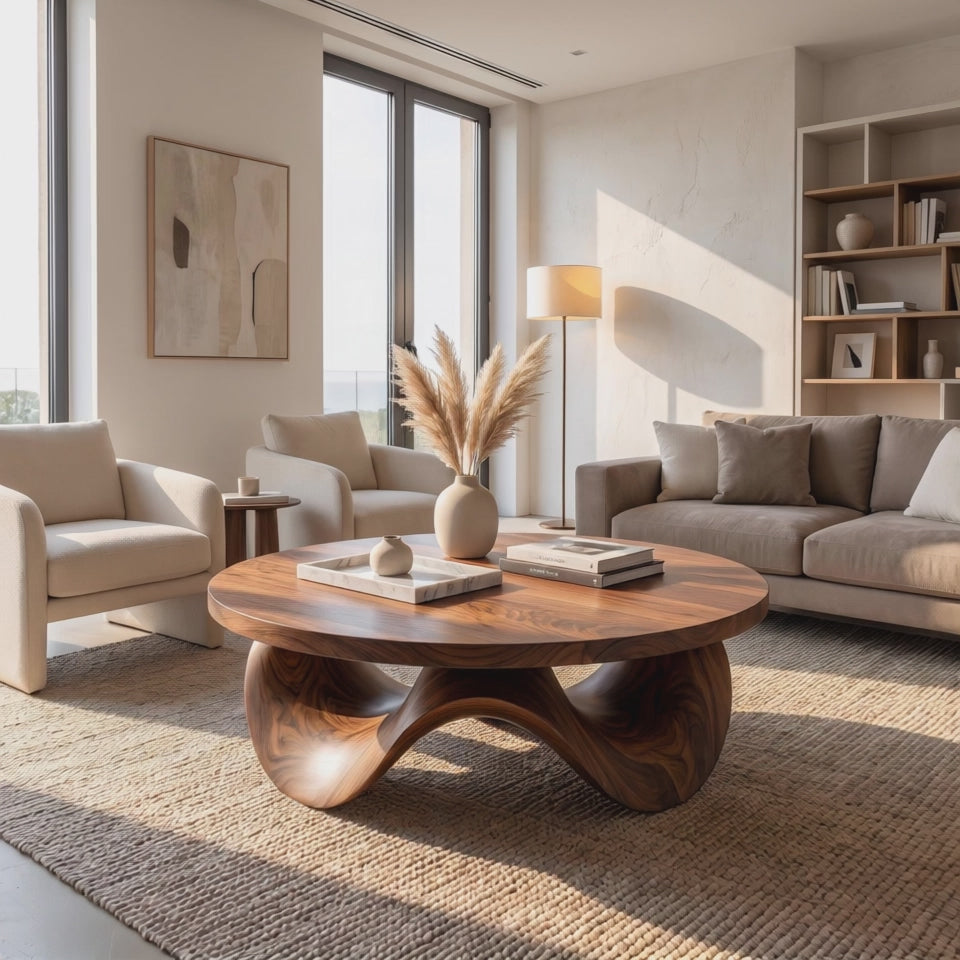 Coffee Table Solid Wood with Sculptural Petal Wave Base