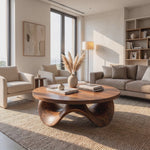 Coffee Table Solid Wood with Sculptural Petal Wave Base