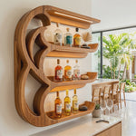 Handcrafted Solid Wood Crescent Wave Wall Bar Shelf with Curved Bottle Display Shelves