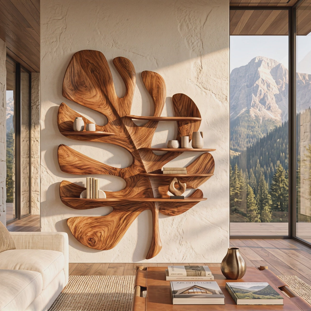 Solid Wood Tropical Leaf Wall Sculpture with Integrated Display Shelves for Living Room Decor