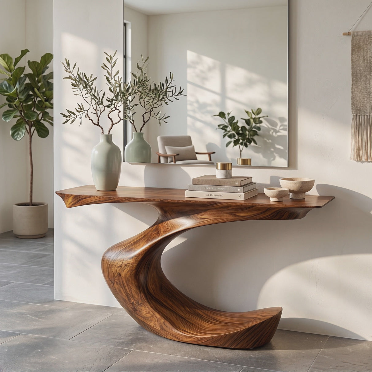 Console Table Solid Wood with Sculptural Crescent Curve Base
