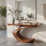 Console Table Solid Wood with Sculptural Crescent Curve Base