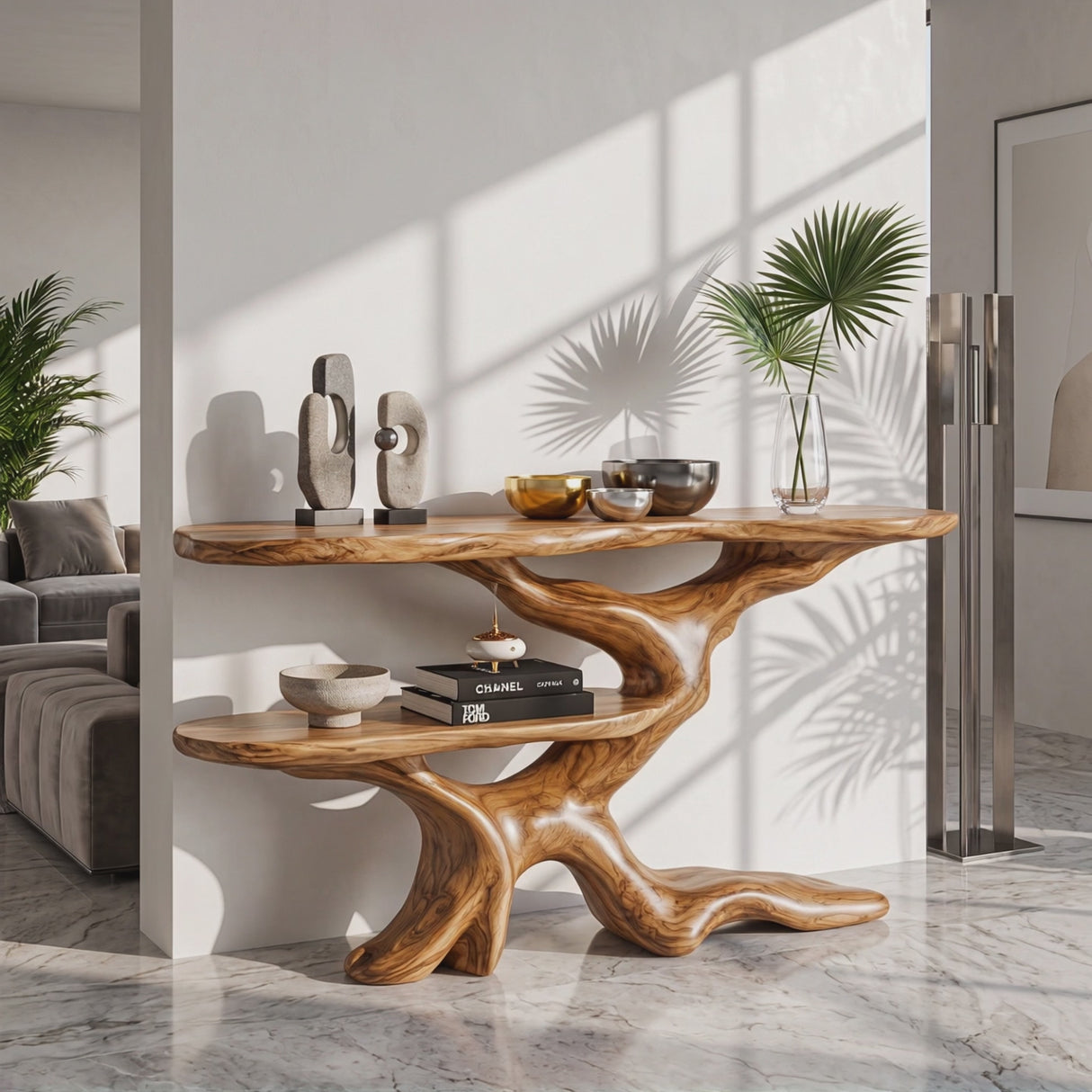 Console Table Solid Wood with Sculptural Branching Two Tier Base for Entryway Decor