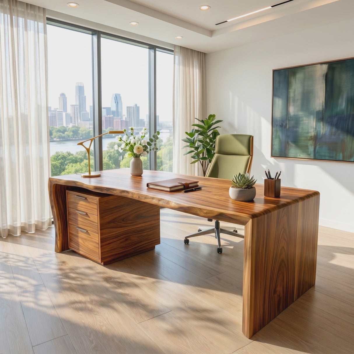 Organic Solid Wood Desk with Curved Edge and Drawer Storage