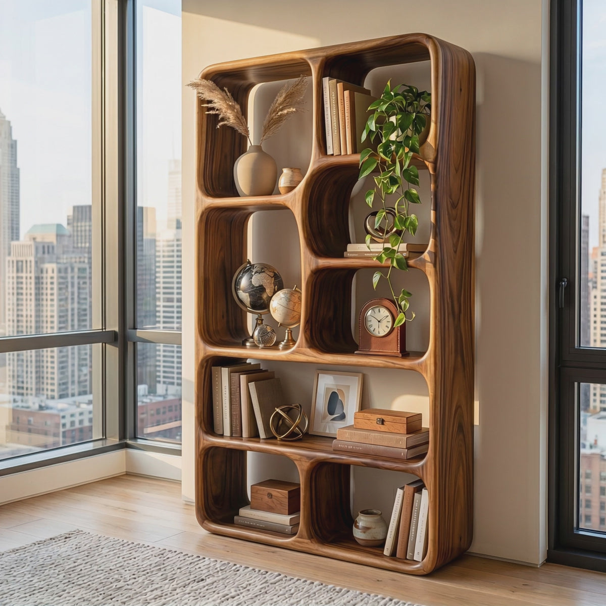 Organic Solid Wood Bookshelf with Rounded Open Display Niches