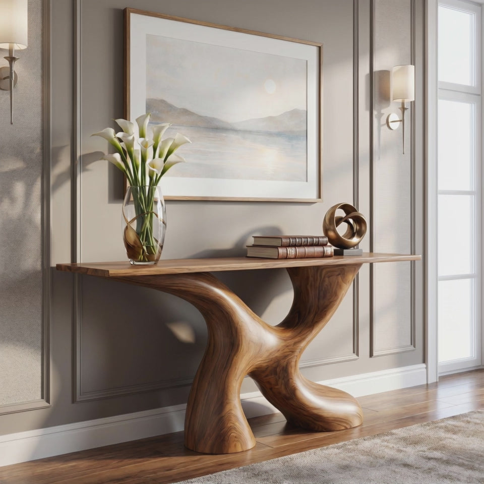 Console Table Solid Wood with Organic X Base for Entryway Decor