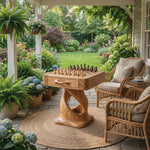 Handcrafted Solid Wood Chess Table with Storage Drawer and Sculptural Pedestal Base